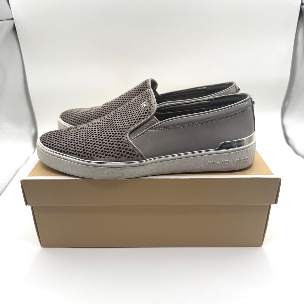 Michael Kors Slip On Sneakers Women 11 Taupe Gray Perforated Patent Leather Flat